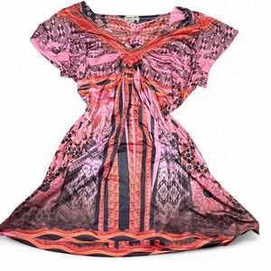 Y2K Babydoll Top Pink Tribal Fairycore Ruched Bust Short Sleeve Size Large